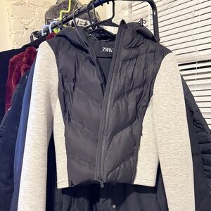 Zara Quilted Black and Gray Hooded Jacket